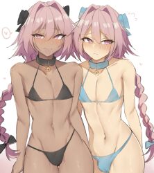 Rule 34 | 2boys, androgynous, astolfo (fate), bell, bikini, black bikini, blue bikini, blush, bow, braid, braided ponytail, bulge, collar, cowboy shot, crossdressing, dark-skinned male, dark skin, fang, fate/grand order, fate (series), flying sweatdrops, gradient background, hair bow, hair intakes, heart, highres, jingle bell, long hair, looking at viewer, male focus, multiple boys, multiple persona, nabibutter, naughty face, navel, neck bell, penis, penis in swimsuit, pink eyes, pink hair, skin fang, small penis, swimsuit, thong, thong bikini, tongue, tongue out, trap, very long hair, wide hips