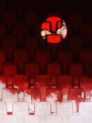 Rule 34 | 2boys, arm support, blonde hair, blood, brown hair, commentary, dress shirt, eren yeager, hand up, hashtag-only commentary, hunched over, lapels, long hair, male focus, multiple boys, notched lapels, on chair, phsm, reiner braun, shingeki no kyojin, shirt, short hair, side-by-side, spotlight, tombstone, white shirt