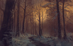 absurdres bare_tree commentary english_commentary forest highres nature no_humans orange_sky original outdoors path philipp_urlich road scenery sky snow tree