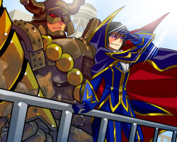 Rule 34 | 2boys, akariya kuubu, armor, beads, black hair, blue sleeve cuffs, brown armor, cape, code geass, crossover, drill, formal clothes, gloves, guard rail, hand on own face, helmet, honda tadakatsu (sengoku basara), japanese armor, kabuto (helmet), lelouch vi britannia, long sleeves, m.u.g.e.n, multiple boys, prayer beads, purple eyes, sengoku basara, sleeve cuffs, smile, sunlight, two-tone sleeve cuffs, zero (code geass)