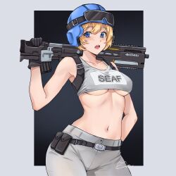 1girl :o bare_shoulders belt black_background black_belt black_gloves blonde_hair blue_eyes blue_helmet breasts brown_pants crop_top gloves grey_shirt gun helldivers_(series) helmet highres holding holding_gun holding_weapon large_breasts meowyin navel pants seaf_soldier_(helldivers) shirt short_hair stomach teeth upper_teeth_only weapon white_background white_shirt