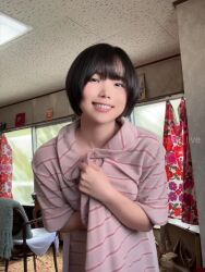 Rule 34 | 1girl, animated, asian, black hair, bouncing breasts, bra, breasts, cleavage, flashing, highres, indoors, jiggle, looking at viewer, medium breasts, navel, parted lips, photo (medium), real life, short hair, smile, solo, standing, sumire live, teeth, twitter username, underwear, video, walking, walking towards viewer