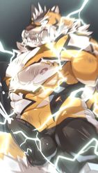 1boy abs alternate_pectoral_size animal_ears arms_behind_back bara beige_fur bodysuit bow bowtie bulge chain covered_penis cum cum_in_clothes cum_through_clothes ejaculation_under_clothes electricity electrostimulation erection erection_under_clothes facial_hair forked_eyebrows furry furry_male gagged goatee highres large_pectorals live_a_hero male_focus mask muscular muscular_male nipples orange_(agnimon11803164) orange_bow orange_bowtie orange_fur pectorals ryekie_(live_a_hero) short_hair solo spikes thick_thighs thighs tiger_boy tiger_ears torn_bodysuit torn_clothes two-tone_fur underpec