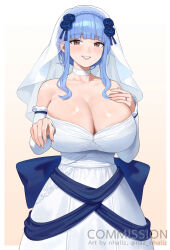 1girl alternate_costume artist_name blue_bow blue_flower blue_hair blue_rose blunt_bangs blush bow braid breasts bridal_veil brown_eyes choker cleavage commentary commission cowboy_shot crown_braid detached_sleeves dress fire_emblem fire_emblem:_three_houses flower gradient_background hair_flower hair_ornament hand_on_own_chest highres huge_breasts impossible_clothes impossible_dress jewelry large_bow looking_at_viewer marianne_von_edmund medium_hair nhaliz nintendo official_alternate_hairstyle parted_lips ring rose sidelocks simple_background smile solo standing strapless strapless_dress symbol-only_commentary veil wedding_dress wedding_ring white_choker white_dress white_veil yellow_background