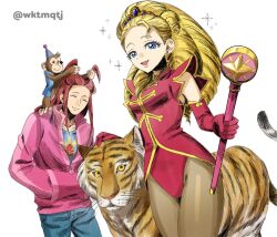 Rule 34 | 1boy, 1girl, ace attorney, ace attorney investigations, ace attorney investigations 2: prosecutor&#039;s gambit, blonde hair, blue eyes, blue pants, blue shirt, brown pantyhose, closed eyes, collarbone, drill hair, earrings, elbow gloves, gloves, hand on animal, hands in pockets, highres, holding, holding staff, jacket, jewelry, leotard, long hair, looking at viewer, monkey, open mouth, pants, pantyhose, pink jacket, print shirt, red gloves, red jacket, red leotard, regina berry, shirt, simeon saint, simple background, smile, staff, tiara, tiger, twitter username, two side up, white background, wktmqtj