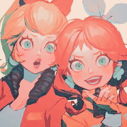 2girls artist_name bellhenge blonde_hair blue_eyes bow brown_hair earrings fingerless_gloves gloves hair_bow jacket jewelry long_hair looking_at_viewer mario_(series) mario_kart mario_kart_world multiple_girls nail_polish nintendo open_mouth orange_gloves orange_jacket orange_nails pink_bow pink_jacket ponytail princess_daisy princess_daisy_(touring) princess_peach princess_peach_(touring) shirt white_bow white_shirt