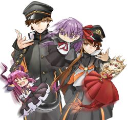 1boy 4girls absurdres bb_(fate) bb_(fate/extra) black_hat black_jacket black_pantyhose black_sailor_collar black_shirt black_skirt blonde_hair breasts brown_eyes brown_hair chibi closed_eyes elizabeth_bathory_(fate) elizabeth_bathory_(fate/extra) fate/grand_order fate_(series) hat highres horns jacket kishinami_hakuno_(female) kishinami_hakuno_(female)_(mooncancer) kishinami_hakuno_(male) kishinami_hakuno_(male)_(mooncancer) long_hair long_sleeves looking_at_viewer meme multiple_girls neckerchief nero_claudius_(fate) obazzotto open_mouth orange_neckerchief orange_trim pantyhose peaked_cap pink_hair purple_eyes purple_hair queen_draco_(fate) queen_draco_(first_ascension)_(fate) red_eyes sailor_collar shirt short_hair sidelocks skirt small_breasts smile tail white_shirt woe_plague_be_upon_ye_(meme)