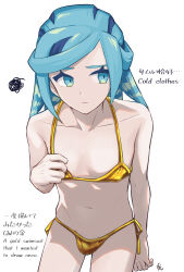 1boy alternate_costume aqua_eyes aqua_hair bikini closed_mouth collarbone cowboy_shot crossdressing english_text eyelashes gold_bikini grusha_(pokemon) hand_up highres male_focus min_(myna8247) navel nintendo pokemon pokemon_sv side-tie_bikini_bottom sideways_glance signature simple_background solo squiggle swimsuit white_background