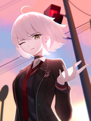 1girl absurdres ahoge black_choker black_jacket blazer blue_shirt choker cloud cloudy_sky earrings fate/grand_order fate_(series) grin hair_between_eyes highres jacket jeanne_d&#039;arc_alter_(avenger)_(fate) jeanne_d&#039;arc_alter_(fate) jewelry light_smile looking_at_viewer necktie offering_hand official_alternate_costume one_eye_closed outdoors parted_lips red_necktie school_uniform shirt short_hair single_earring sky smile solo traffic_light user_gvxm4244 white_hair yellow_eyes