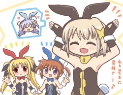 Rule 34 | 4girls, :d, animal ears, arms up, black gloves, black leotard, blonde hair, blue hair, blush, bow, bowtie, brown hair, chibi, closed eyes, fake animal ears, fate testarossa, fingerless gloves, gloves, hair ornament, hair ribbon, heart, holding hands, leotard, long hair, lyrical nanoha, multiple girls, open mouth, pantyhose, playboy bunny, purple eyes, rabbit ears, rabbit pose, rabbit tail, red bow, red bowtie, red eyes, reinforce zwei, reverse (bluefencer), ribbon, short hair, short twintails, smile, strapless, strapless leotard, tail, takamachi nanoha, twintails, wrist cuffs, x hair ornament, yagami hayate