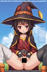 bandaged bar_censor belt censored change_in_common_sense english_text exhibitionism fingerless_gloves gloves highres kono_subarashii_sekai_ni_shukufuku_wo! loli masturbation megumin no public_indecency pussy pussy_juice rahime single spread_pussy thighhighs witch
