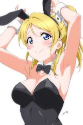 Rule 34 | 1girl, animal ears, armpits, arms up, ayase eli, bare arms, black bow, black bowtie, black hairband, black leotard, blonde hair, bow, bowtie, breasts, cleavage, detached collar, fake animal ears, hair intakes, hairband, highres, leotard, long hair, love live!, love live! school idol project, medium breasts, nagi mkrnpn, playboy bunny, ponytail, rabbit ears, simple background, solo, strapless, strapless leotard, upper body, white background, wing collar, wrist cuffs