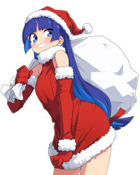 1girl blue_eyes blue_hair blunt_bangs blush breasts christmas clenched_teeth detached_sleeves dress dress_tug fur-trimmed_dress fur_trim gloves hair_ribbon hat highres holding holding_sack long_hair low-tied_long_hair original pom_pom_(clothes) red_dress red_gloves red_sleeves ribbon sack santa_costume santa_hat simple_background sleeveless sleeveless_dress solo sweat teeth very_long_hair white_background yachima_tana