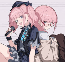 2girls blue_hat blue_jacket blue_necktie blush brown_cardigan cardigan chinese_commentary commentary_request cup diagonal-striped_clothes diagonal-striped_necktie dual_persona girls_band_cry glasses grey_eyes grey_shirt grey_skirt hair_down hat highres hina_(girls_band_cry) holding holding_cup holding_microphone jacket long_hair looking_at_viewer microphone multiple_girls necktie open_mouth pink_hair red-framed_eyewear semi-rimless_eyewear shirt short_sleeves short_twintails skirt striped_clothes teeth twintails under-rim_eyewear upper_teeth_only white_shirt yun_cao_bing