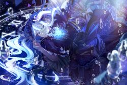 1girl absurdres air_bubble black_bow black_dress blue_eyes blue_hair blue_ribbon blue_theme blurry blurry_foreground bow bubble clock constellation depth_of_field double-parted_bangs dress dress_bow floating_hair frilled_dress frilled_hairband frilled_sleeves frills hair_between_eyes hairband hands_up headdress highres light_particles lolita_hairband long_hair looking_at_viewer minasoko_ni_kage_wo_sagashite_(project_sekai) nekozamurai0929 official_alternate_costume parted_lips project_sekai ribbon roman_numeral solo triangle underwater very_long_hair white_bow white_hair yoisaki_kanade