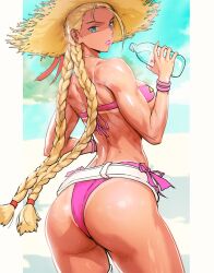 Rule 34 | 1girl, ass, belt, bikini, bikini tan, blonde hair, blue eyes, bottle, braid, breasts, cammy white, closed mouth, commentary, cowboy shot, dark-skinned female, dark skin, from behind, hat, holding, holding bottle, infi, large breasts, lipstick, long hair, looking at viewer, looking back, low twin braids, makeup, official alternate costume, pillarboxed, pink bikini, pink lips, plastic bottle, side-tie bikini bottom, solo, standing, straw hat, street fighter, street fighter 6, sun hat, swimsuit, tan, tanline, toned, twin braids, very long hair, water bottle, white belt