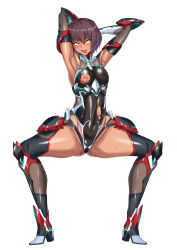 1girl absurdres arms_up ass back bare_arms bare_legs bare_shoulders breasts brown_hair crazy_smile dark-skinned_female dark_skin embarrassed full_body gluteal_fold highleg highleg_leotard highres legs_apart leotard mizuki_yukikaze mizuki_yukikaze_(future) moaning nipples no1218 one_breast_out parted_lips pink_eyes pussy_juice rolling_eyes saliva shiny_skin short_hair skin_tight small_breasts smile solo spread_legs squatting strapless sweat taimanin_(series) taimanin_rpgx taimanin_suit taimanin_yukikaze thong_leotard torn_clothes white_background