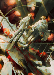 Rule 34 | 2boys, absurdres, blood, blood on hands, boots, brothers, corpse, from behind, grey pants, highres, holding hands, male focus, millions knives, multiple boys, pants, railing, shoes, siblings, trigun, trigun stampede, undercut, vash the stampede, walking, yakikesen