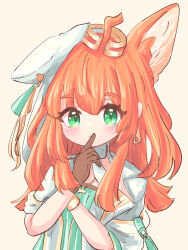 Rule 34 | 1girl, ahoge, animal ear fluff, animal ears, arknights, blush, brown gloves, cat ears, closed mouth, commentary request, crown, dress, finger to mouth, gloves, green dress, green eyes, grey background, highres, index finger raised, jacket, long hair, long sleeves, looking at viewer, open clothes, open jacket, orange hair, papyrus (arknights), shushing, simple background, solo, tareme, tearing up, tears, upper body, veil, white jacket, yopi (user wdgp8532)