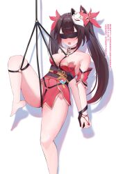 Rule 34 | 1girl, bare shoulders, barefoot, bdsm, bell, black blindfold, black gloves, blindfold, blush, bondage, bound, breasts, brown hair, commentary request, flower tattoo, foot out of frame, fox mask, gloves, highres, honkai: star rail, honkai (series), japanese clothes, jingle bell, kimono, long hair, mask, mask on head, medium breasts, neck bell, obi, obiage, obijime, open mouth, pekokota, red kimono, restrained, sash, short kimono, simple background, single glove, solo, sparkle (honkai: star rail), strapless kimono, tattoo, translation request, twintails, very long hair, white background