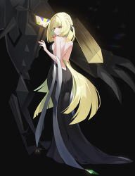 Rule 34 | 1girl, alternate costume, black background, black nails, blonde hair, braid, breasts, closed mouth, coletta (colet colettia), commentary request, dress, eyelashes, gen 7 pokemon, green eyes, hands up, highres, legendary pokemon, long hair, lusamine (pokemon), nail polish, necrozma, necrozma (normal), nintendo, pokemon, pokemon (creature), pokemon sm, sideboob, sleeveless, sleeveless dress, smile, standing