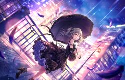 Rule 34 | 1girl, building, cityscape, cloud, detached sleeves, dress, drill hair, feathers, game cg, grey hair, high heels, holding, holding umbrella, idolmaster, idolmaster cinderella girls, idolmaster cinderella girls starlight stage, kanzaki ranko, lamppost, official art, purple eyes, railing, rain, smile, solo, twin drills, umbrella