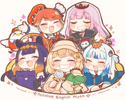 5girls :3 :d ^_^ blonde_hair blue_hair blunt_bangs blush_stickers chibi chibi_only closed_eyes commentary death-sensei_(mori_calliope) deerstalker diamond_hairband ebi-chan_(gawr_gura) fang gawr_gura gawr_gura_(1st_costume) grin halo hat highres holding holding_magnifying_glass hololive hololive_english holomyth investigator_(amelia_watson) kfp_employee_(takanashi_kiara) long_hair magnifying_glass mori_calliope mori_calliope_(1st_costume) multicolored_hair multiple_girls ninomae_ina&#039;nis ninomae_ina&#039;nis_(1st_costume) open_mouth pink_hair same_anko short_hair smile sparkle streaked_hair symbol-only_commentary takanashi_kiara takanashi_kiara_(1st_costume) takodachi_(ninomae_ina&#039;nis) tiara two-tone_hair two_side_up veil virtual_youtuber watson_amelia watson_amelia_(1st_costume) white_hair
