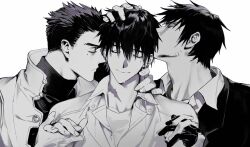 3boys absurdres alternate_costume alternate_hair_color alternate_hairstyle brothers citronplanet closed_eyes closed_mouth collared_shirt crying earrings facial_hair facing_another facing_to_the_side facing_up facing_viewer gloves hand_on_another&#039;s_head hand_on_another&#039;s_neck hand_up hands_up highres interlocked_fingers jacket jewelry kissing_hair korean_commentary long_sleeves male_focus millions_knives mole mole_under_eye monochrome multiple_boys nicholas_d._wolfwood photo-referenced portrait profile shirt short_hair siblings single_earring smile spiked_hair stubble trigun turtleneck twins vash_the_stampede yaoi