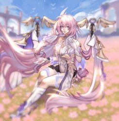 1girl bell black_shorts blue_sky blurry blurry_foreground boots breasts commentary corset elysia_(herrscher_of_human:_ego)_(honkai_impact) elysia_(honkai_impact) english_commentary field flower flower_field gloves highres holding holding_flower honkai_(series) honkai_impact_3rd large_breasts long_hair outdoors parted_lips pink_flower pink_hair purple_eyes short_shorts shorts sky solo veil very_long_hair white_boots white_corset white_gloves white_veil yipyapsalot