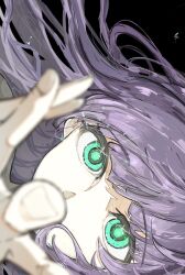 1girl blurry bongore2668 commentary depth_of_field english_commentary floating_hair glowing glowing_eyes green_eyes highres link!_like!_love_live! looking_at_viewer love_live! open_hand otomune_kozue portrait purple_hair sideways solo sparkling_eyes virtual_youtuber