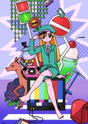 Rule 34 | 1girl, antique phone, arm support, barefoot, blonde hair, candy, cassette tape, collared shirt, crosswalk sign, deer, doll, famicom, flower, food, fujishima moyu, game console, green eyes, green hat, green jacket, green shorts, hat, highres, instrument, jacket, keyboard (instrument), lollipop, long hair, long sleeves, milkshake, necktie, original, phone, pink necktie, pogo stick, road sign, rotary phone, shirt, shorts, sign, sitting, solo, striped necktie, sunflower, test card, white shirt