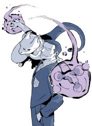 1boy aura black_hair black_jacket black_pants bwlkn cowboy_shot formal_clothes gen_1_pokemon giovanni_(pokemon) hair_slicked_back hands_in_pockets highres jacket legendary_pokemon looking_at_viewer male_focus mewtwo nintendo pants pokemon pokemon_(creature) pokemon_rgby powering_up short_hair smile smirk suit team_rocket