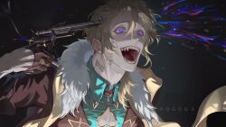 1boy aqua_shirt aventurine_(honkai:_star_rail) blonde_hair brown_gloves brown_jacket cigarette fur_trim gloves gun gun_to_head half_gloves highres holding holding_cigarette holding_gun holding_weapon honkai:_star_rail honkai_(series) jacket male_focus open_mouth pogogu purple_eyes shirt smile solo upper_body weapon