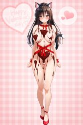1girl animal_ears black_hair blush bow breasts brown_eyes cat_ears cat_tail censored chocolate cleavage collarbone cygnus_(cygnus7) fake_animal_ears fake_tail female_pubic_hair full_body heart heart_censor highres kotegawa_yui large_breasts legs long_hair naked_chocolate naked_ribbon nipples nude pubic_hair pussy pussy_juice ribbon shiny_skin shoes simple_background smile solo stomach tail thighs to_love-ru
