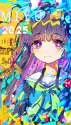 Rule 34 | 1girl, 2025, absurdres, animal ears, artist name, black hair, blue archive, blue shirt, character name, closed mouth, colorful, commentary request, fake animal ears, green neckerchief, happy birthday, highres, kiriaina, looking at viewer, miyu (blue archive), neckerchief, rabbit ears, sailor collar, shirt, solo, white sailor collar