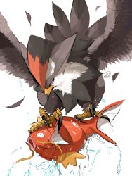 animal_focus bird brown_feathers carrying closed_mouth commentary_request feathers fish flying full_body gen_1_pokemon gen_4_pokemon grey_feathers highres magikarp nintendo no_humans open_mouth pokemon pokemon_(creature) predation red_eyes signature simple_background slit_pupils staraptor talons water wet white_background yunimaru