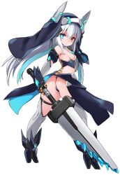 1girl ass blue_eyes blue_hair breasts bright_pupils brown_eyes colored_inner_hair from_behind grey_thighhighs heterochromia highres holding holding_sword holding_weapon karukan_(monjya) long_hair looking_at_viewer looking_back multicolored_hair original panties revealing_clothes sideboob simple_background small_breasts solo sword thighhighs underwear very_long_hair weapon white_background white_hair white_pupils