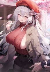 1girl 1other :q belt black_belt black_bow black_pantyhose black_skirt blush bow breasts brown_coat building buttons cherry_blossoms coat commentary_request falling_petals floating_hair gem hair_between_eyes hand_up hat hat_bow highres holding_another&#039;s_wrist jihua_tong large_breasts long_hair long_sleeves looking_at_viewer miniskirt one_eye_closed open_clothes open_coat open_mouth original outdoors pantyhose petals pink_eyes pink_gemstone red_hat red_sweater sideboob sideless_outfit sideless_sweater skirt smile solo_focus standing sweater sweater_tucked_in tongue tongue_out very_long_hair white_hair wing_collar