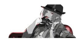 1boy badge black_background black_gloves bracelet braid button_badge collared_shirt couch ear_piercing earrings fang fangs fedora gloves greyscale hair_over_shoulder half_gloves hand_up hat highres hugo_vlad jacket jewelry lapel_pin lapels letterboxed licking licking_finger long_hair long_sleeves looking_at_viewer low_ponytail male_focus mindscape_cinema_(zenless_zone_zero) monochrome multiple_rings necktie notched_lapels official_alternate_costume official_art open_clothes open_jacket open_mouth parted_bangs piercing pointy_ears ponytail red_eyes ring shirt simple_background sitting sleeves_rolled_up slit_pupils smile solo spot_color teeth tie_clip tongue tongue_out upper_body vampire wing_collar zenless_zone_zero
