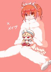 1girl :&lt; ahoge capelet character_doll character_name commentary_request cosplay fate/grand_order fate_(series) frilled_skirt frills fujimaru_ritsuka_(female) fur_capelet fur_thighhighs gilgamesh gilgamesh_(caster)_(fate) gilgamesh_(fate) knees_together_feet_apart medb_(fate) medb_(fate)_(cosplay) miniskirt one_side_up orange_eyes orange_hair rkp signature sitting skirt solo tiara translated