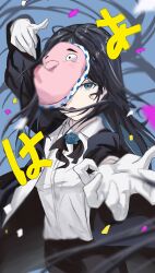 1girl ado_(utaite) black_bow black_bowtie black_coat black_hair black_pants blue_eyes bow bowtie chando_(ado) coat colored_inner_hair commentary_request confetti dress_shirt ego_rock_(vocaloid) gloves hand_up highres kahuna90231217 long_hair looking_at_viewer mask multicolored_hair open_clothes open_coat open_mouth pants shirt solo white_gloves white_shirt
