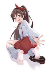 Rule 34 | 1girl, absurdres, arm behind back, brown hair, character request, copyright request, feet, hair ribbon, highres, j.c.14, loafers, long sleeves, looking at viewer, looking back, loose socks, open mouth, ponytail, red ribbon, ribbon, shoes, simple background, socks, soles, toes, twisted torso, white background, white socks