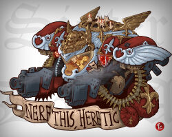 1girl adepta_sororitas ammunition ammunition_belt arm_cannon armor artist_logo banner brown_hair bullet candle candle_wax cockpit commentary controller crossover d.va_(overwatch) dual_arm_cannons english_commentary english_text facepaint fleur-de-lis glass_cockpit gold_trim gun highres joystick logo lord_carmi mecha meka_(overwatch) multicolored_armor ornate ornate_armor overwatch pilot piloting purity_seal red_armor robot shoulder_armor skull skull_ornament smoke smoke_trail smoking_barrel teeth warhammer_40k wax wax_seal weapon white_armor white_background wing_ornament