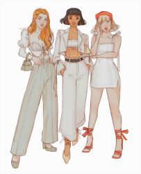 3girls absurdres alex_(totally_spies) bandeau belt black_hair blonde_hair blunt_bangs clover_(totally_spies) commentary dark-skinned_female dark_skin dress earrings full_body hands_in_pocket headscarf high_heels highres jewelry long_hair looking_at_viewer looking_to_the_side multiple_girls orange_hair pale_skin pants sam_(totally_spies) short_hair simple_background tasiams totally_spies white_background white_dress