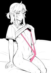 Rule 34 | 1boy, black background, blush, collarbone, elf, erection, highres, lifting own clothes, link, male focus, navel, nintendo, nipples, penis, pink one-piece swimsuit, pointy ears, ponytail, sidelocks, simple background, sitting, slingshot swimsuit, solo, stomach, sweat, swimsuit, tamatamako01, the legend of zelda, the legend of zelda: breath of the wild, trap
