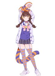 1girl 3am animal_ear_fluff animal_ears animal_hands artist_request badge bell blonde_hair bow bowtie braid brown_eyes brown_hair buttons callie_calico cardigan cat_ears cat_girl cat_paws cat_tail multicolored_hair official_art pink_bow pink_bowtie plaid_clothes plaid_skirt pleated_skirt pocket purple_garter_straps purple_shirt sailor_collar school_uniform shirt shoes skirt smile sneakers solo streaked_hair tail twin_braids two-tone_thighhighs white_cardigan white_sailor_collar white_shoes