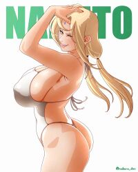 1girl absurdres ass back bare_shoulders blonde_hair breasts brown_eyes copyright_name covered_erect_nipples cowboy_shot facial_mark forehead_mark hand_on_own_head head_tilt highres large_breasts looking_at_viewer low_twintails nail_polish naruto naruto_(series) one-piece_swimsuit one_eye_closed parted_lips red_nails saburo_des sideboob sidelocks swimsuit tsunade_(naruto) twintails twitter_username watermark white_background wink