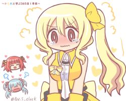 3girls :d ^_^ akino_kaede bad_id bad_twitter_id bare_shoulders blonde_hair blue_hair blush bow breasts brown_eyes chibi closed_eyes closed_mouth embarrassed flower hair_between_eyes hair_bow hair_flower hair_ornament heart idol_clothes jacket long_hair magia_record:_mahou_shoujo_madoka_magica_gaiden mahou_shoujo_madoka_magica medium_breasts minami_rena multiple_girls nose_blush open_mouth red_hair reverse_(bluefencer) shirt side_ponytail simple_background skirt sleeveless sleeveless_shirt smile solo_focus tears togame_momoko twitter_username two_side_up wavy_mouth white_background white_shirt yellow_bow yellow_jacket yellow_skirt