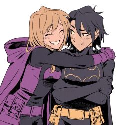 2girls batman_(series) belt black_cape black_hair blonde_hair cape cassandra_cain closed_eyes closed_mouth commentary_request crossed_arms dc_comics gloves hood hood_down hug korean_commentary looking_at_another multiple_girls ppuging2 purple_belt purple_cape purple_gloves short_hair smile stephanie_brown utility_belt yellow_belt