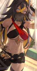1girl abs asymmetrical_clothes bare_shoulders belt black_gloves black_hair black_pants blonde_hair blue_eyes breasts bright_pupils brown_hair collarbone criss-cross_halter crossed_bangs dark-skinned_female dark_skin dehya_(genshin_impact) deras earrings elbow_gloves fingerless_gloves gauntlets genshin_impact gloves hair_between_eyes hair_intakes halterneck hand_on_own_hip highres jewelry large_breasts long_hair looking_at_viewer mouth_veil multicolored_hair navel neck_ring open_mouth pants single_gauntlet single_pantsleg smile solo standing stomach streaked_hair thighs two-tone_hair variant_set veil white_pupils